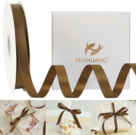 HUIHUANG Brown Satin Ribbon 1/2 inch Continuous 50 Yards Double-Faced Satin Ribbon for Gift Wrapping, Bows, DIY Crafts, Flower Bouquet, Wedding Decor, Holiday Decor