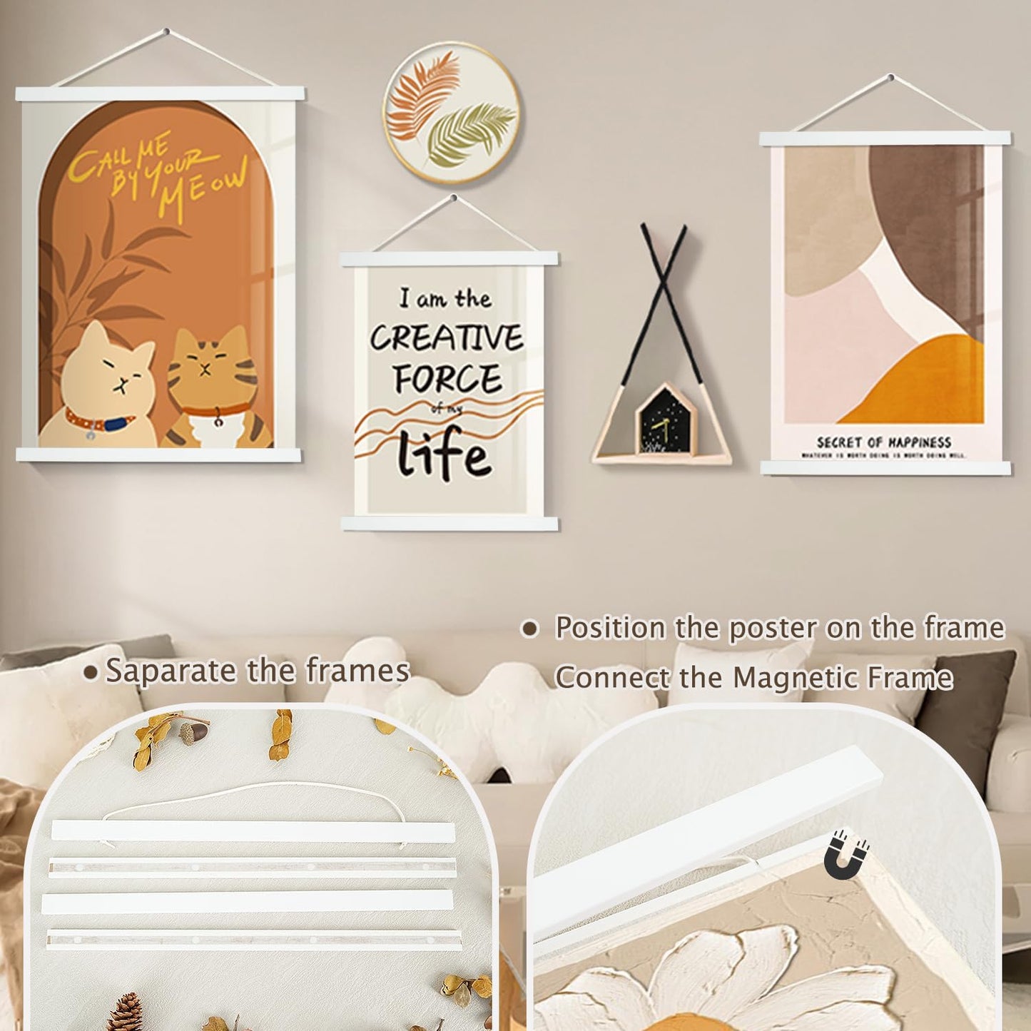 Artmag Magnetic Poster Hanger Frame, 16x24 16x22 16x20 Light Wood Wooden Magnet Canvas Artwork Print Poster Hangers Frames Hanging Kit (White, 16")