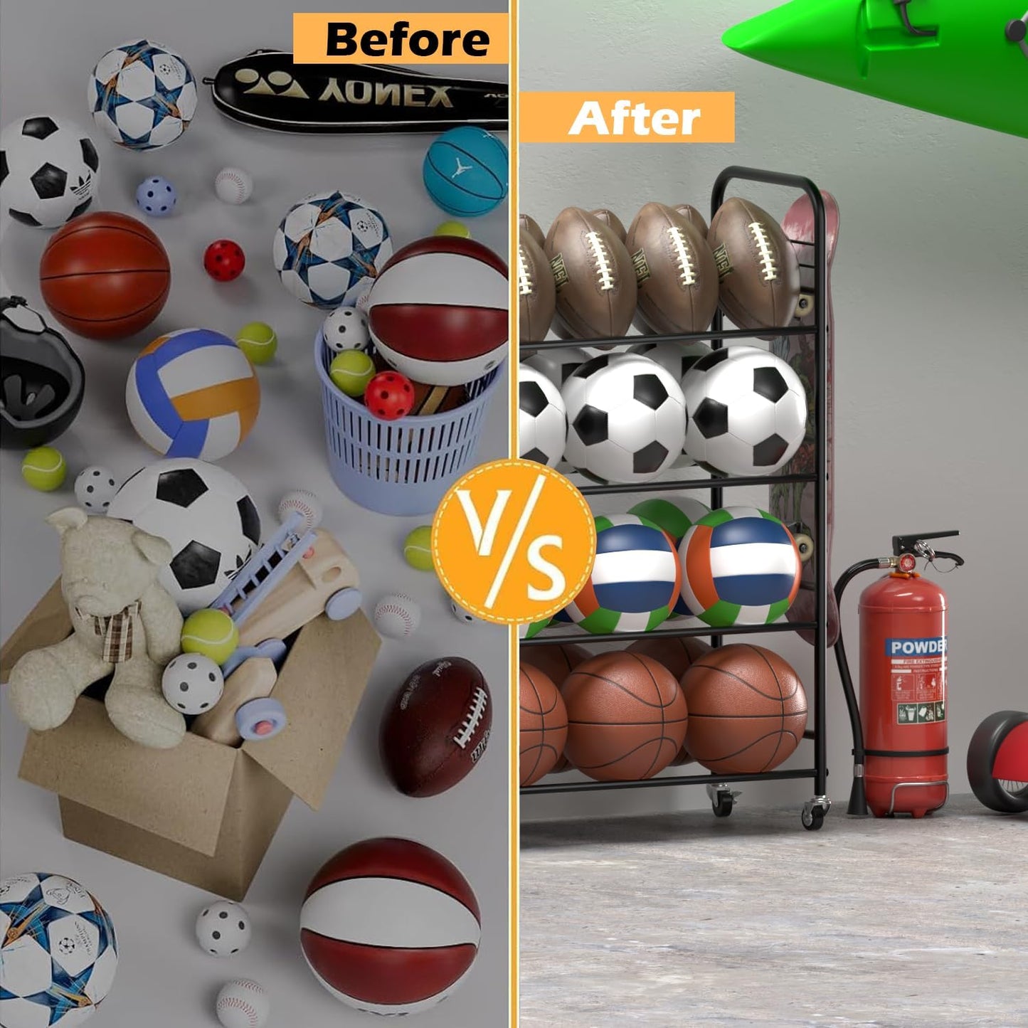 Ball Storage - 22.83" Basketball Cart With Wheels Garage Volleyball Storage Sport Equipment Holder Organizer For Indoor Outdoor,Metal Storage Rack For Playgroup,Gym And School