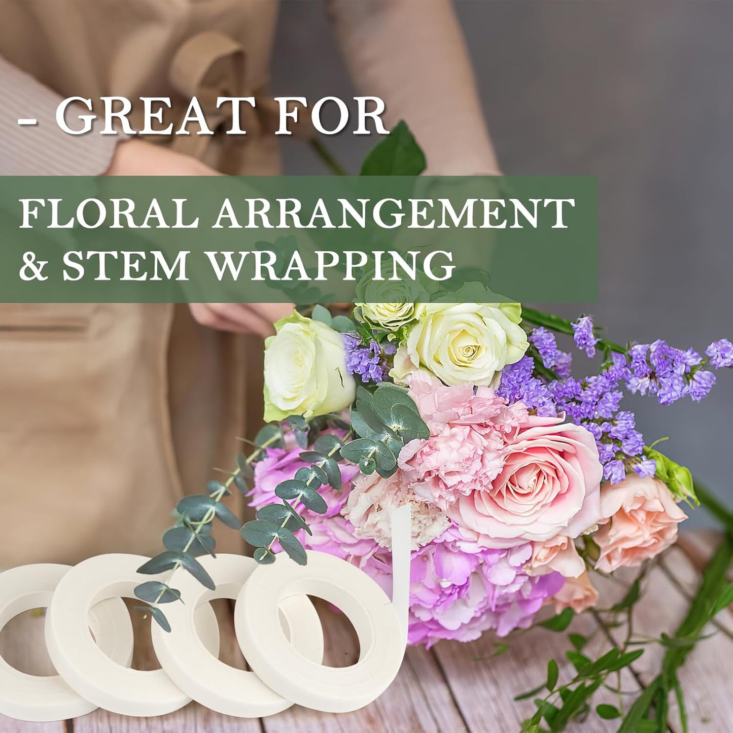 8 Rolls Floral Tape, 1/2" Wide Flower Tape, White Floral Tape for Fresh Flowers, Adhesive Florist Tape for Floral Crafts, Bouquet Floral Arranging Stem Wrapping, Wedding Bouquet, 30Yard