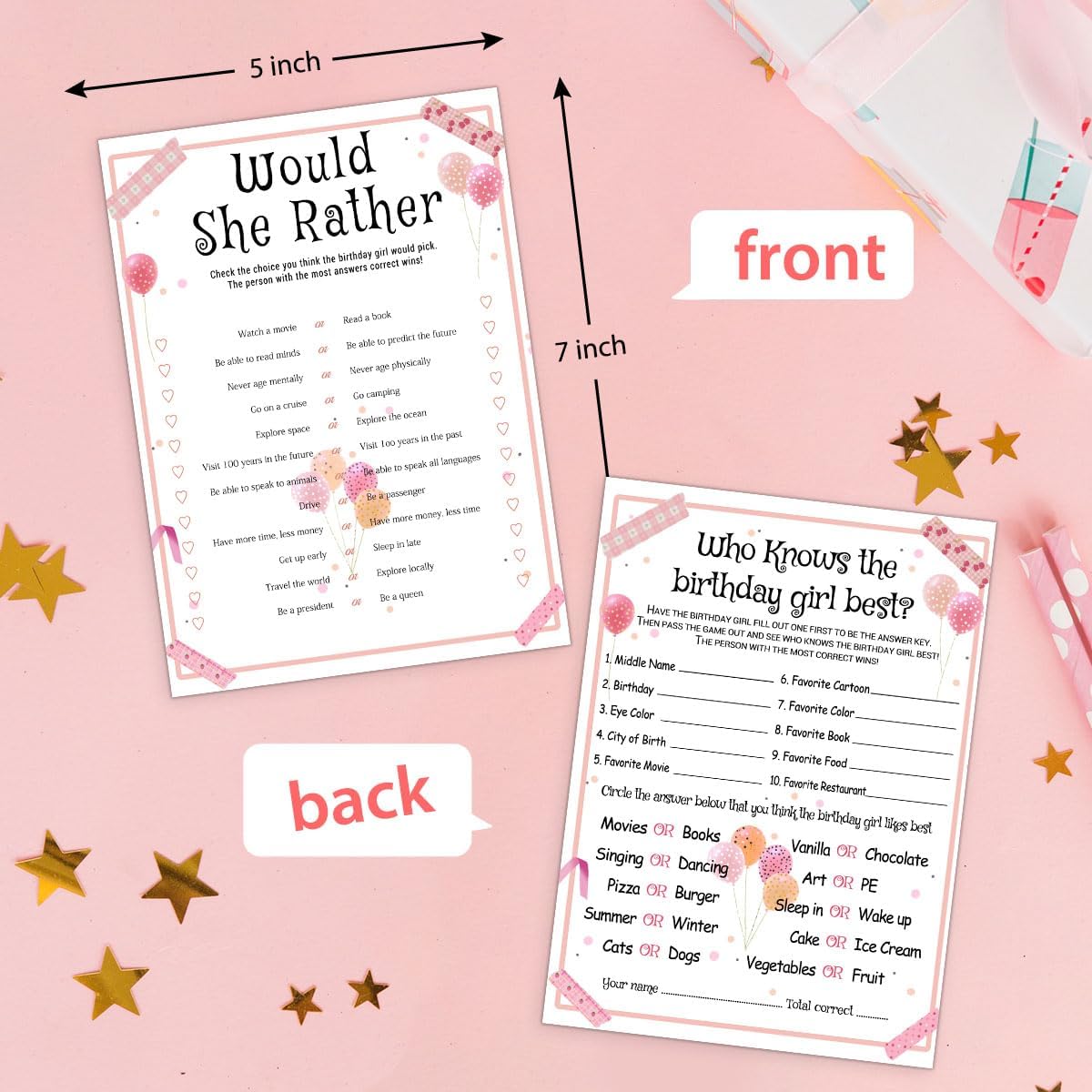 Birthday Party Games Set for Girls, Funny Girls Party Game, Girl Birthday‘s Supplies, Activity, Decorations, Includes Who Knows the Birthday Girl Best, Scattergories, 20 Double Sided Games Cards