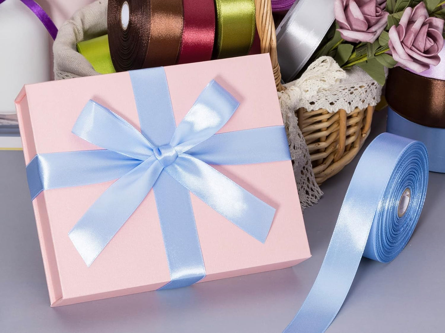 1 Inch Sky Blue Solid Satin Ribbon, 50 Yards Craft Fabric Ribbon for Gift Wrapping Floral Bouquets Wedding Party Decoration