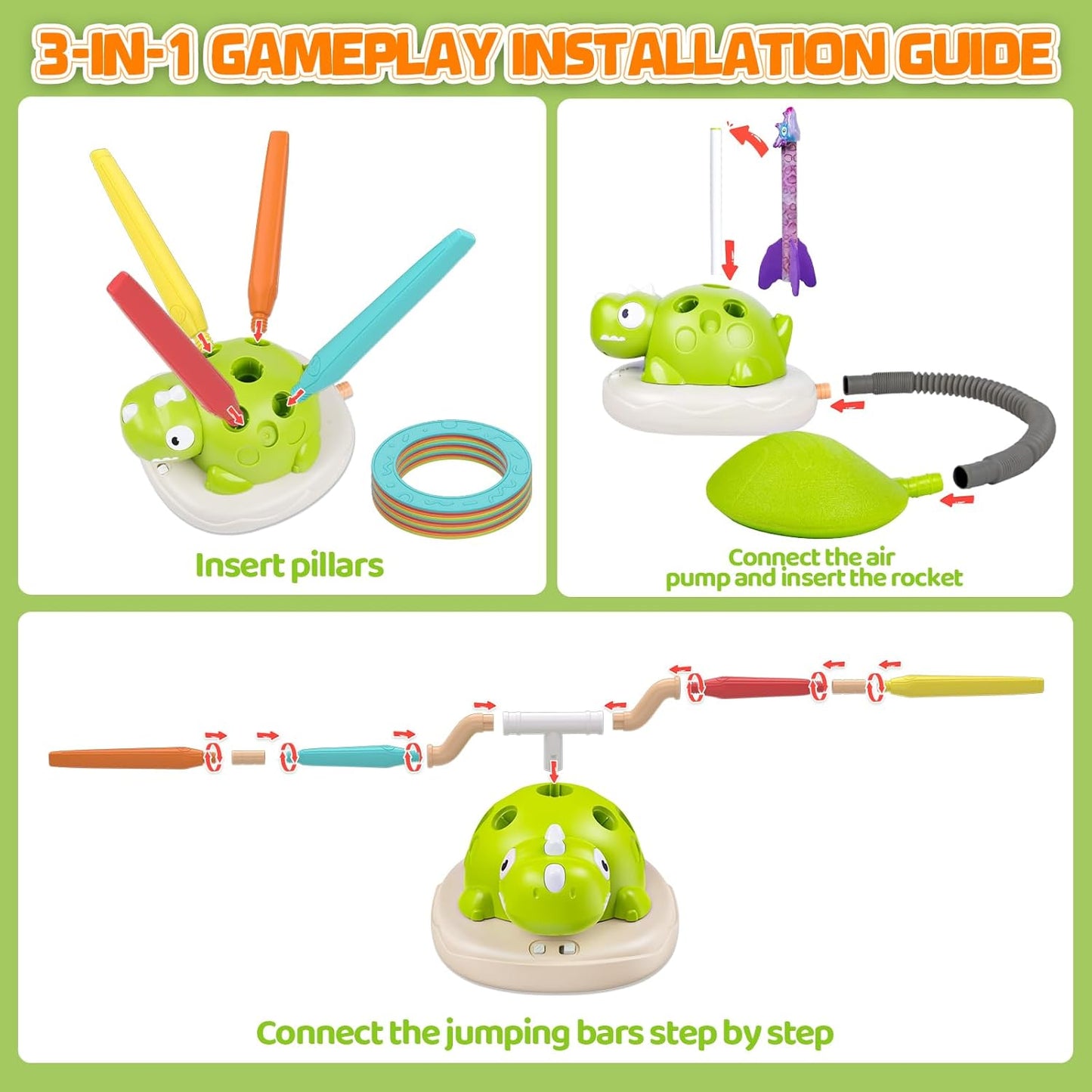 Aliex 3 in 1 Dinosaur Musical Jumping, Toss Ring and Stomping Launch Rocket Launcher, Indoor & Outdoor Sports Toys with Remote Control for Kids Ages 3-8 4-6,Active Outside Toy Gift for Boys and Girls