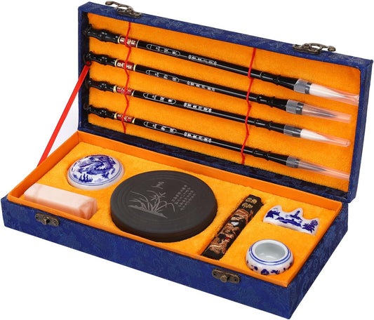 MEGREZ Chinese Calligraphy Set for Beginners, Comes with Calligraphy & Sumi Brushes,Calligraphy Ink Stick and Ink Stone for Writing and Drawing, Blue Gift Box(10 Items)