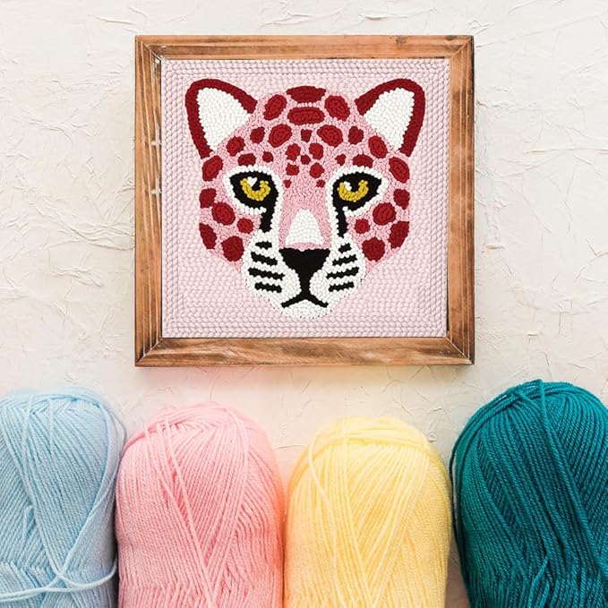 Doodlream Pink Leopard DIY Punch Needle Embroidery Kit for Adult Beginner, 9.4" Pink Leopard Punch Stitching Craft Set for Starter with Frame, Fabric Pattern, Threader, Yarn, Pinch Needle