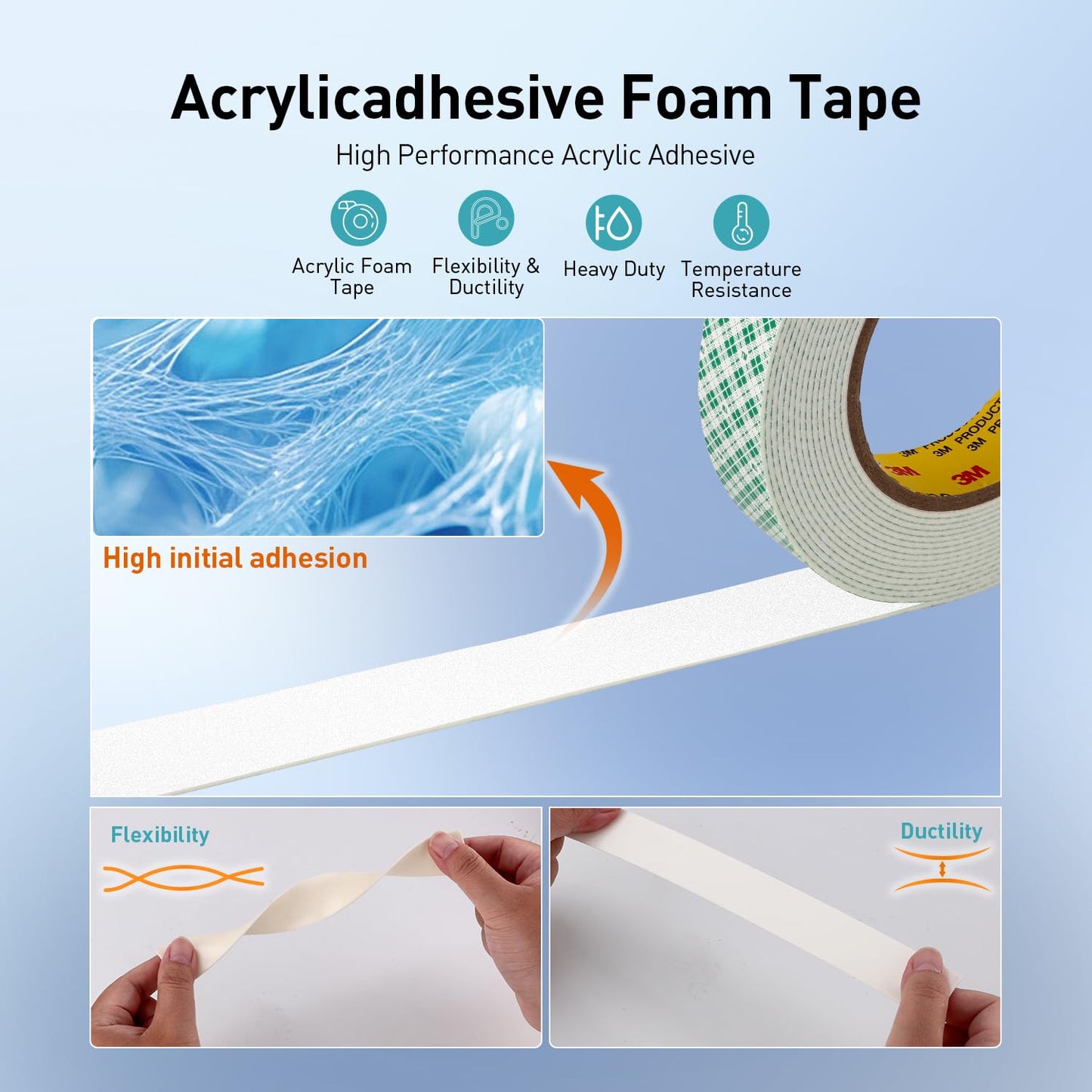 Double Sided Tape Foam Tape 3/4" x 18Ft Made of 3M High Shear Adhesive Mounting Tape with High Temperature Resistance for Interior Exterior Mounting Applications and Home Office Deco