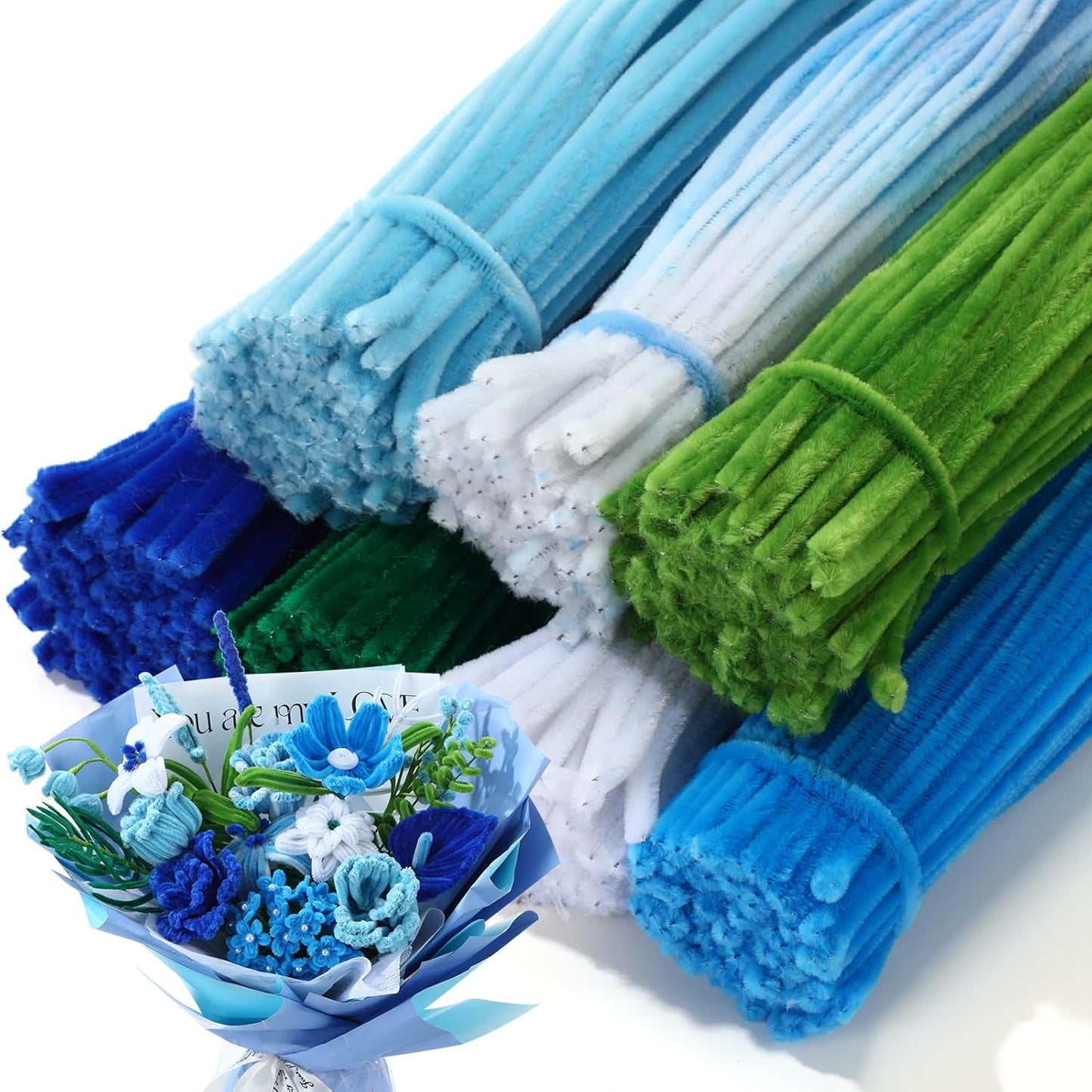 DaisyInner 700 Pcs Halloween Fall Pipe Cleaners Craft Bulk Pastel Chenille Stems Flower DIY Gradient Colored Fluffy for School Classroom Thanksgiving Christmas Party Supplies(Blue Theme)