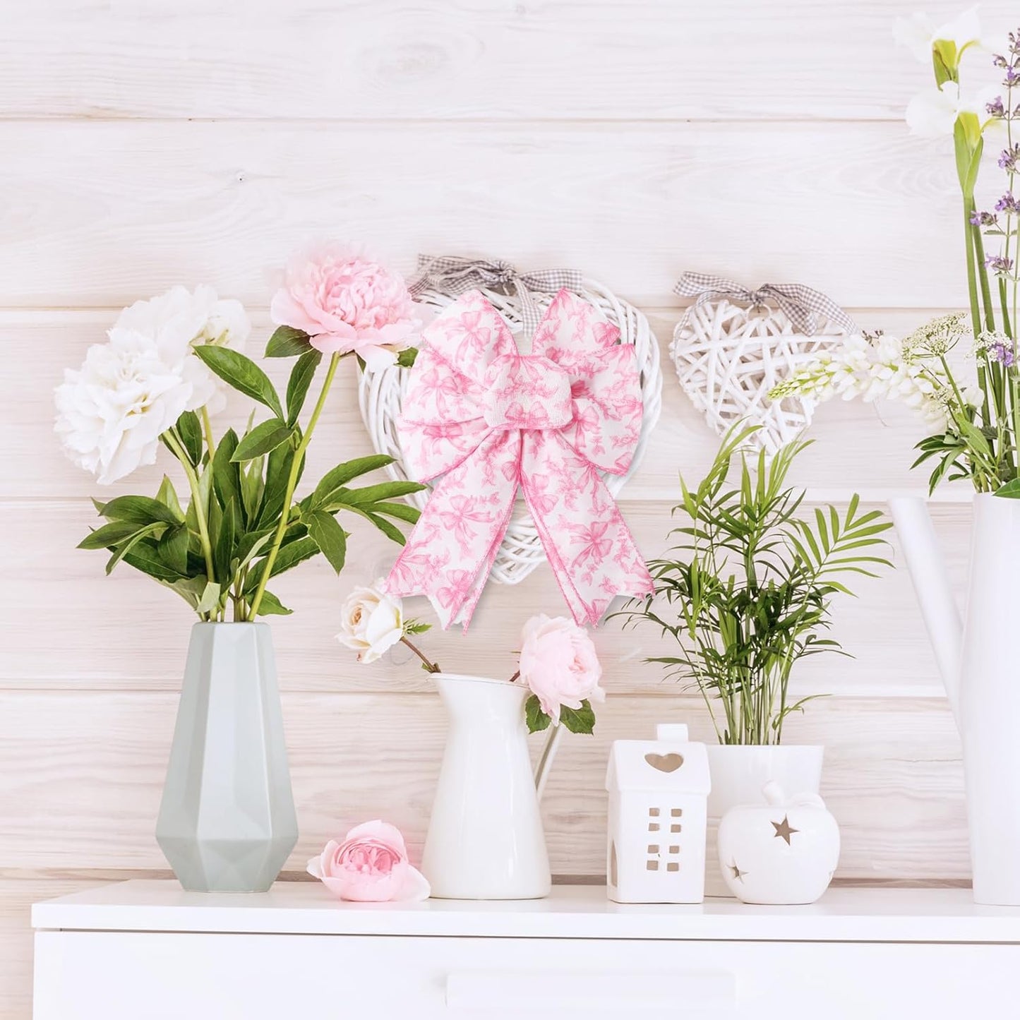 Pink Floral Bow Wired Edge Ribbon Chinoiserie Flower Bowknot Fabric Ribbon for DIY Crafts Wreath Bow Making Supplies, 12 Yard