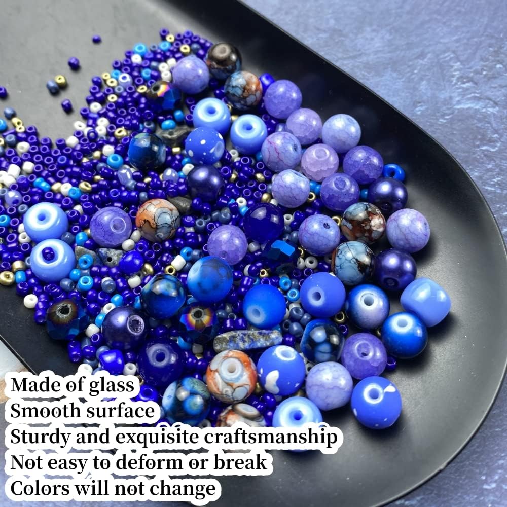 Assorted Glass Resin Beads Multi Size Colors Smooth Cracked Gravel Millet Spacer Beads for Bracelets Necklace Earring DIY Jewelry Making Craft (Deep Blue Series)