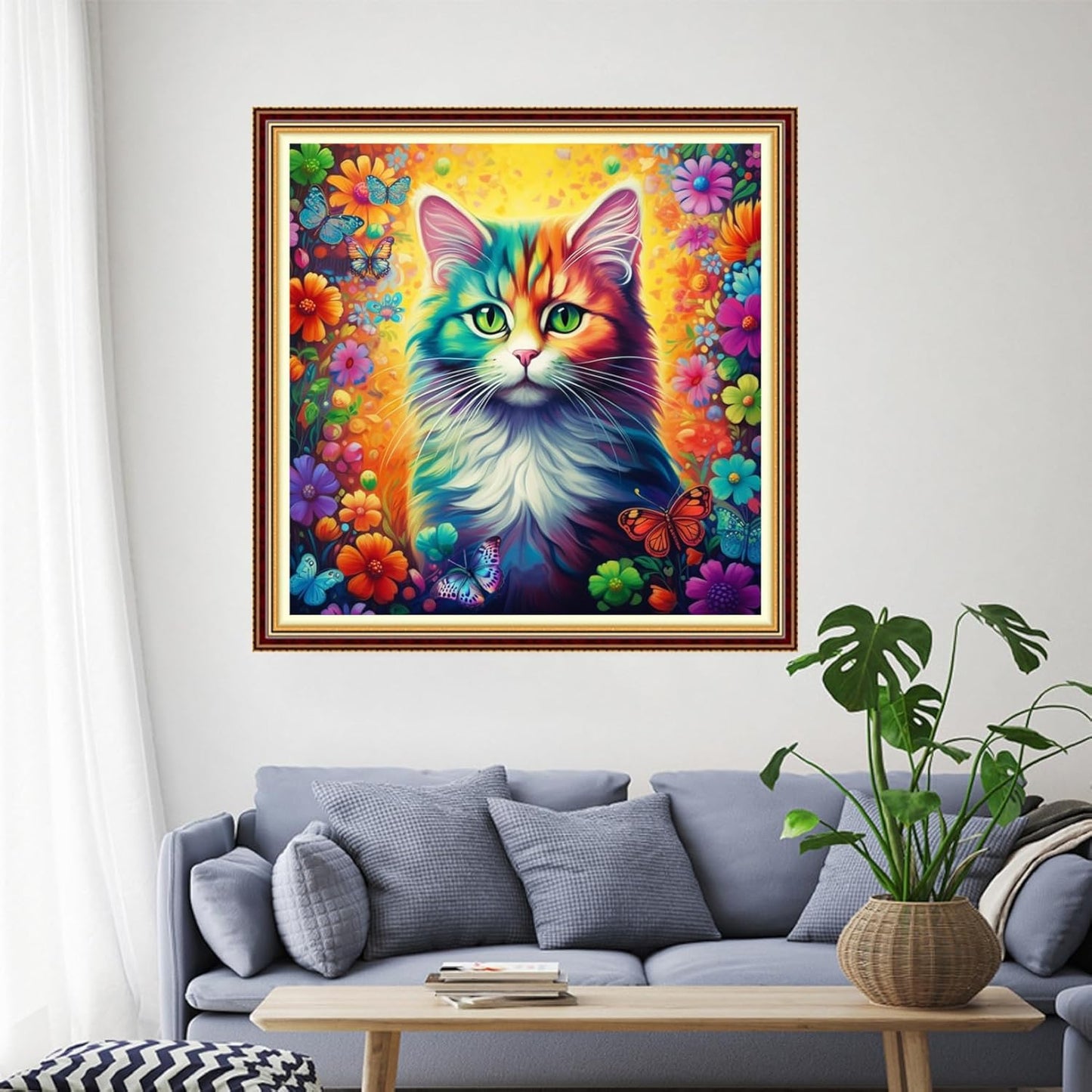 Funchey Stamped Cross Stitch Kits, DIY Cross Stitch Pattern for Adults Beginners Needlepoint Kits Embroidery Kit Arts and Crafts 11CT-Colorful Flower Cat 18x18 inch