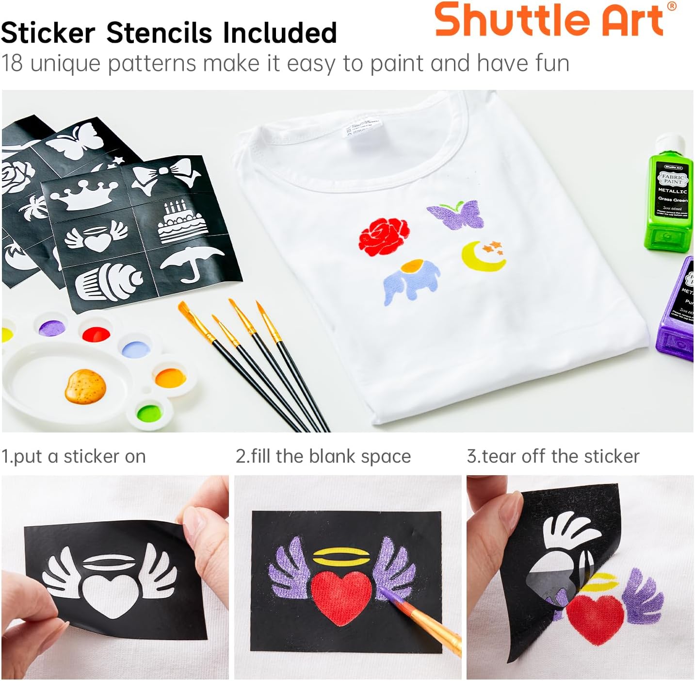 Fabric Paint, Shuttle Art 30 Colors Permanent Soft Fabric Paint in Bottles (60ml/2oz) with Brushes, Palette, Stencils, Non-Toxic Textile Paint for T-shirts, Shoes, Jeans, Bags, DIY Projects&Art Crafts