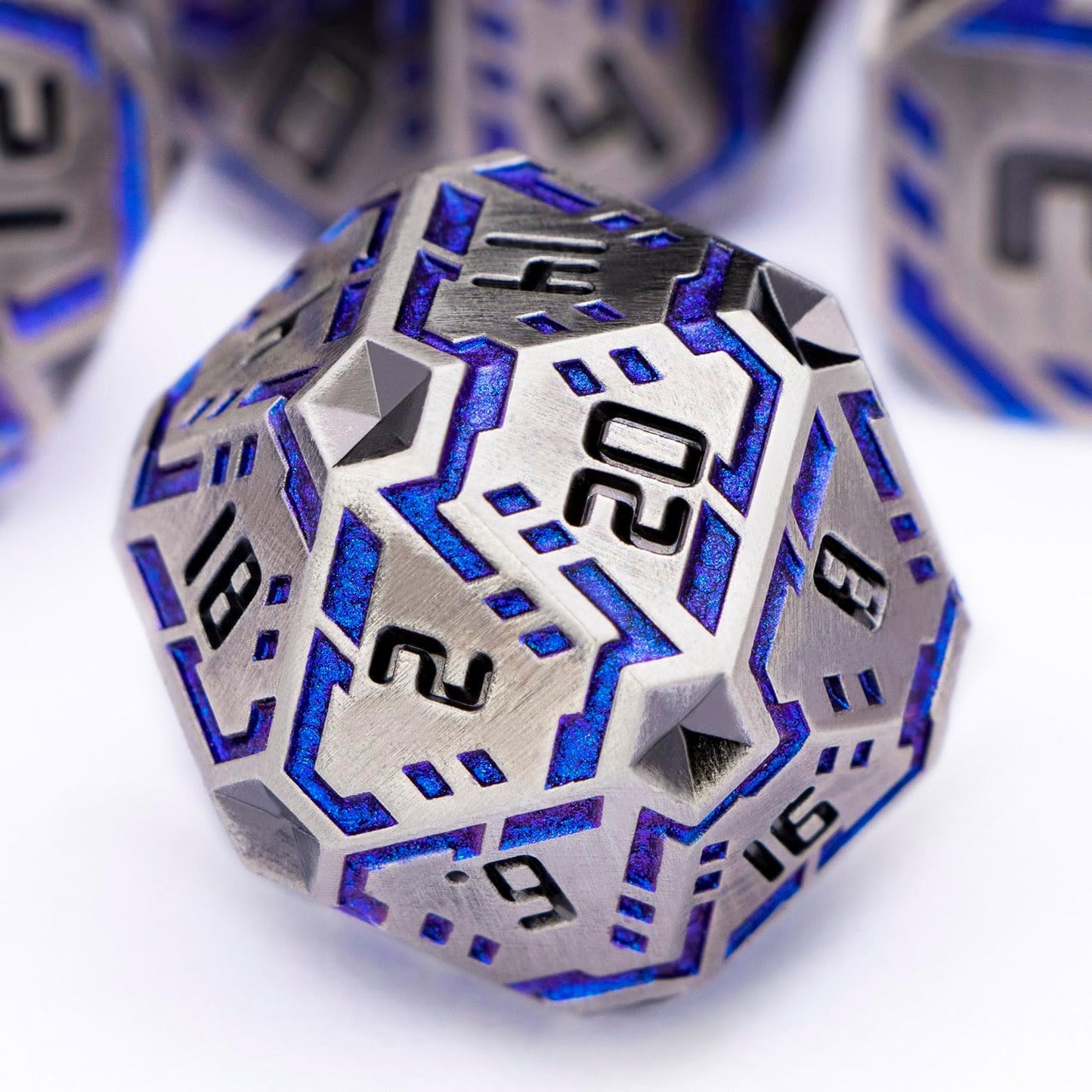 Metal DND Sci-fi Dice Set 7PCS Stripe Polyhedral Dice for Dungeons Dragons RPG Role Playing Game, Glitter D and D Dice with Gift Box D6 D8 D10 D12 D20 (Blue Purple&Grey)