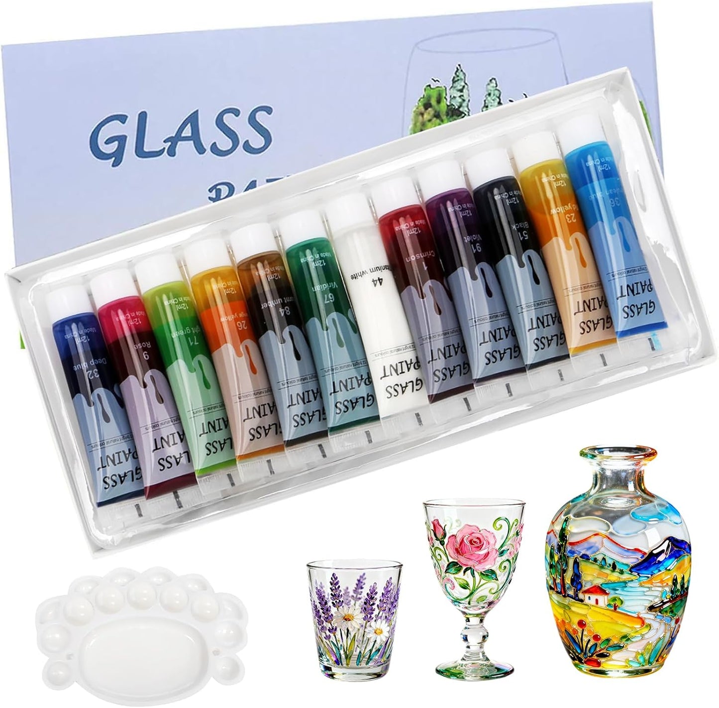 Magicdo Glass Paint Stained Transparent Glass Window Paint Set Great for Glass Painting, Wine Glasses, Light Bulbs, Ceramic, Non-Toxic, Waterproof, Halloween Art Decor(12 Colors x 12ml with Palette)