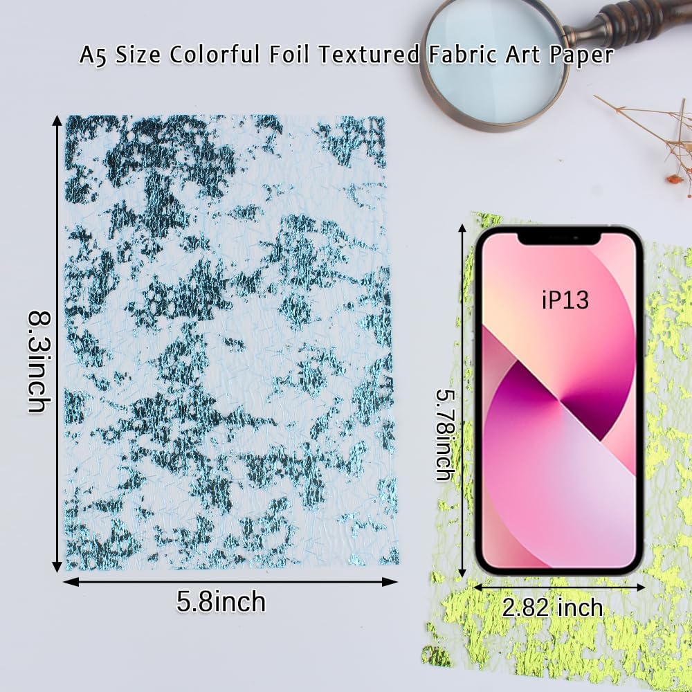 A5 Size Colorful Foil Textured Fabric Art Paper Scrapbooking Decorative, 10 Sheets Sparkle Metallic Lace Mesh for Crafts, Junk Journaling Supplies, Card Making, Collage