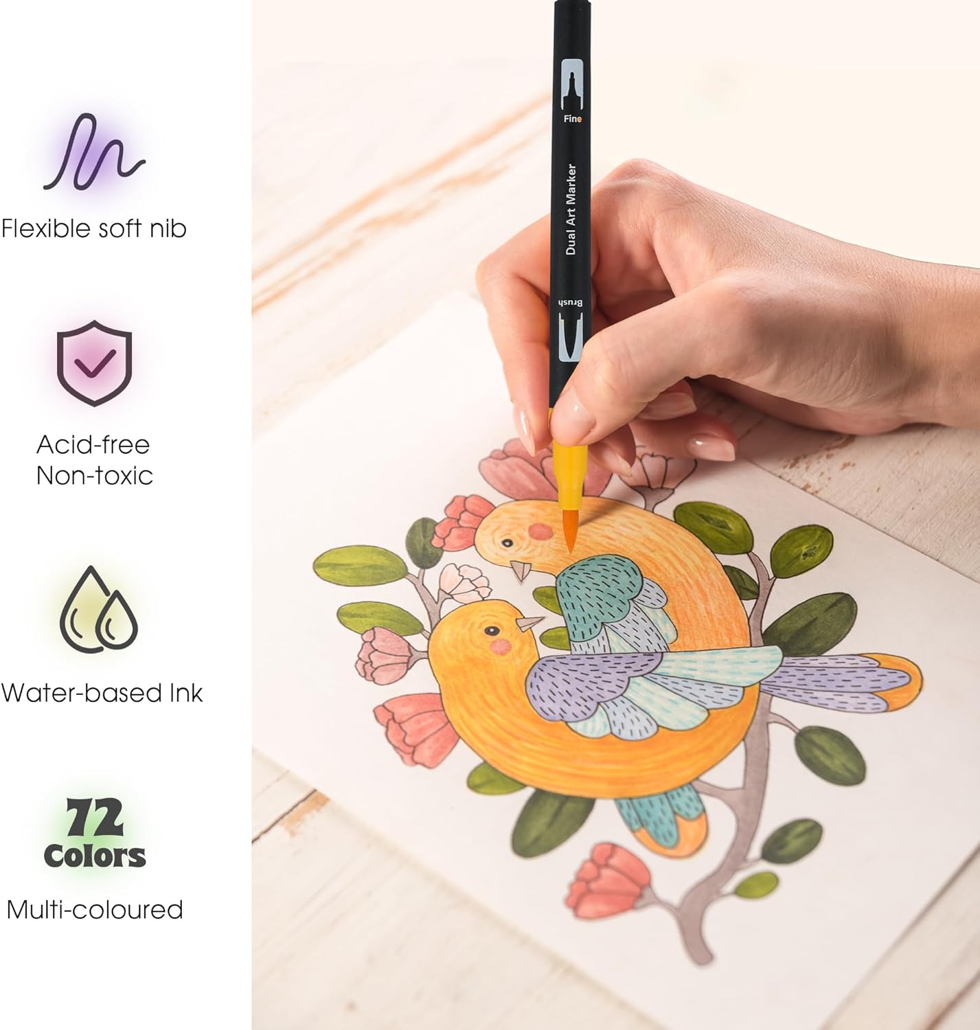 72 Colors Dual Tip Markers Set, Water-Based Ink Brush & Chisel Double Tipped Art Markers for Kids Adults Beginners & Artists in Sketching, Coloring, Note-taking