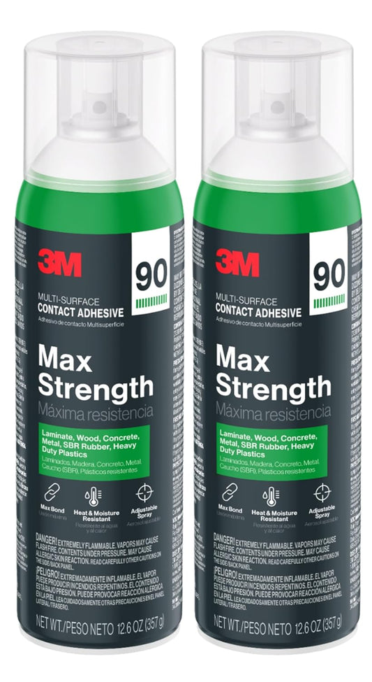 3M Max Strength 90 Contact Adhesive Spray, 12.6 oz (Pack of 2) – Low VOC Heavy Duty Glue with Adjustable Nozzle, Heat & Water Resistant Bond for Metal, Wood, Plastic, Laminate, Concrete