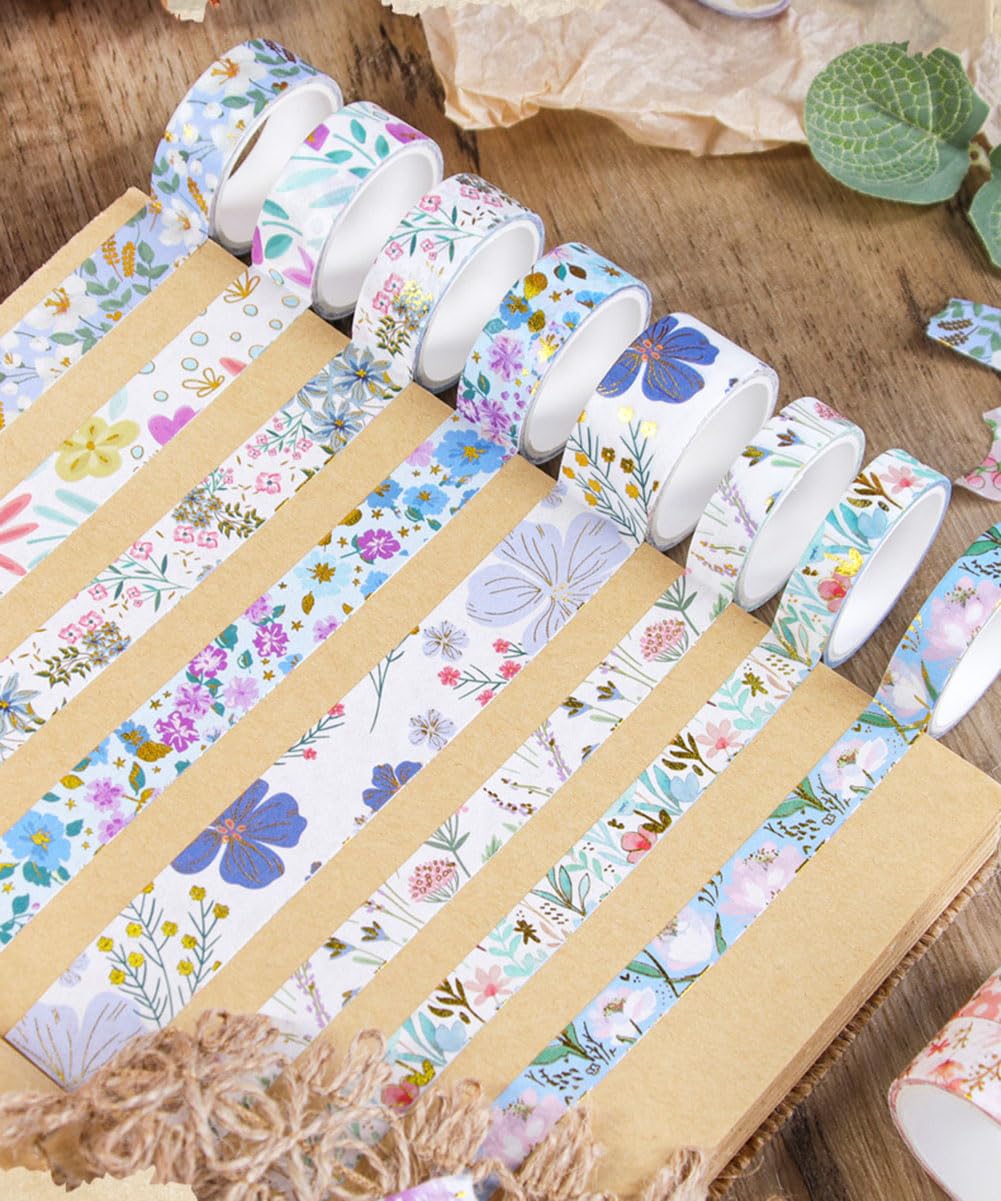 MAFELOE 2 Meters Long 12 Rolls Washi Tape Set, Decorative Adhesive Supplies for Scrapbook Journaling Junk Bullet Art Collage-Floral Print Series-Blue (HZ-3Y-SHMJ-01)