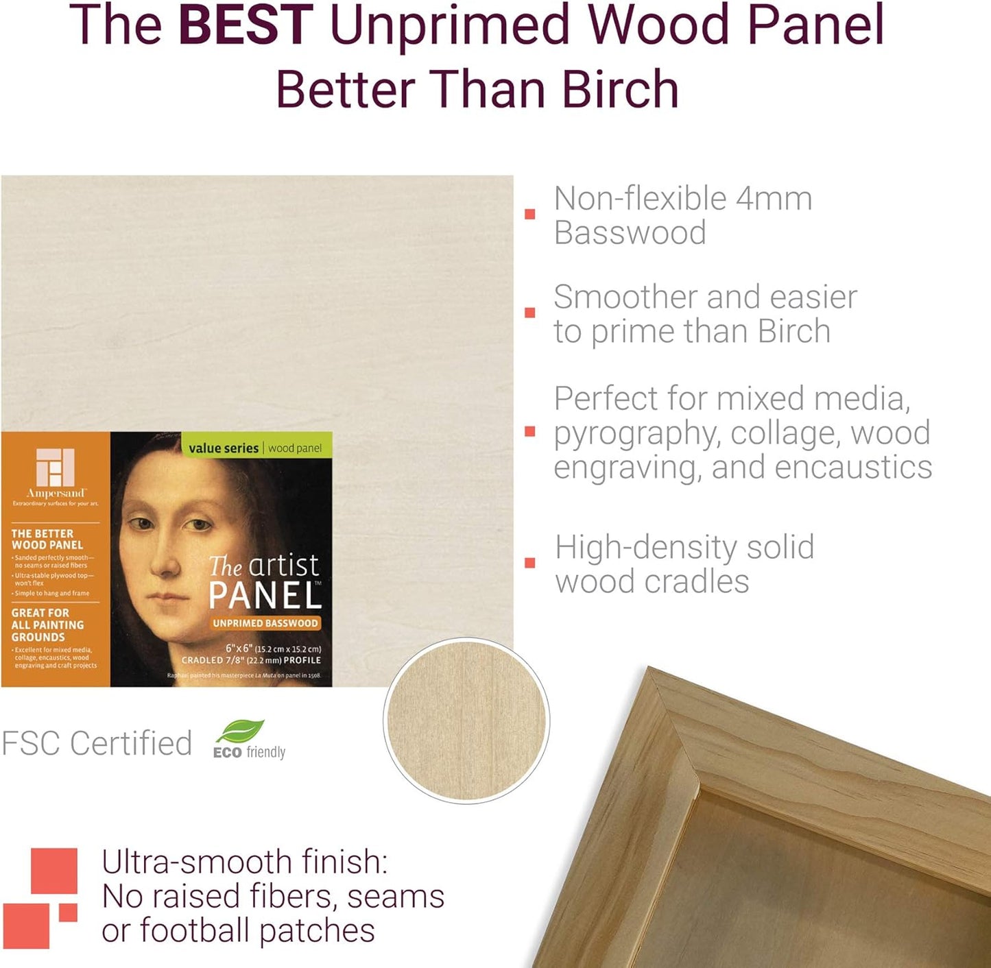 Ampersand Art Supply Unprimed Basswood Artist Panel, 1-1/2" Cradled Profile, 12"x16"