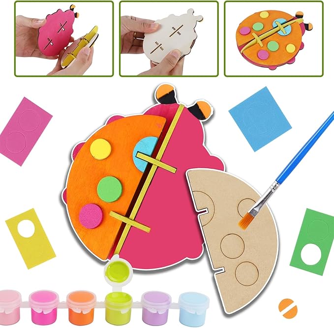 Glintoper Wooden Insect Crafts Painting Kit for Kids Boys Girls, 5 Piece Set DIY 3D Insect Puzzle with Brushes & Paint Decorate Your Own Painting Gift for Christmas Easter Birthday Party Favors