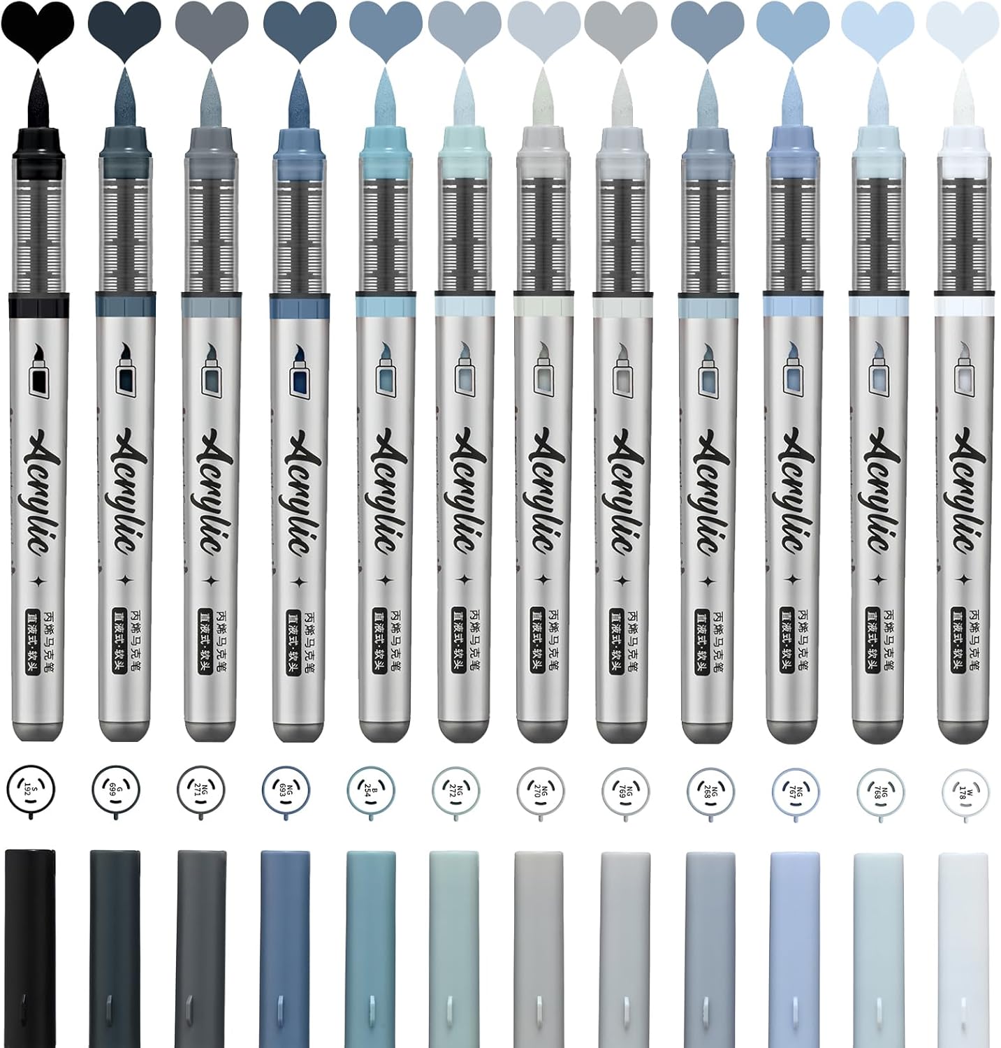 Grey Acrylic Paint Pens,12 Color Paint Pens Markers,Brush Tip Paint Pens for Rock Painting Wood Glass Ceramic Canvas Stone DIY Crafts Making Art Supplies