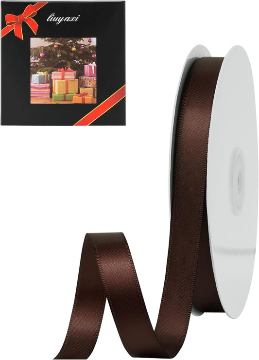 LIUYAXI Brown Satin Ribbon, Double Faced 5/8" X Continuous 25 Yards Ribbons Perfect for Gift Wrapping Bows Bouquet Wedding Craft and More