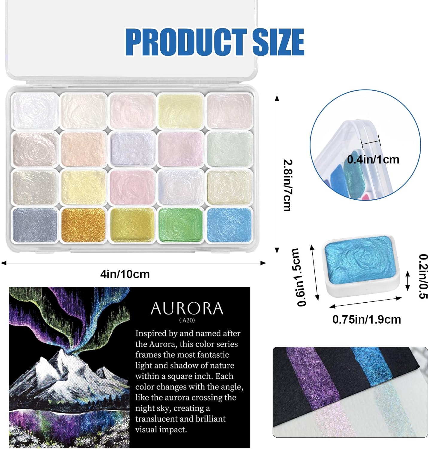 Mini Glitter Watercolor Paint Set, 20 Colors Shimmer Metallic Watercolour Painting Sets, Solid Pearl Water Color Paints for Kids, Adult, 1ml Trial Pack (Aurora)