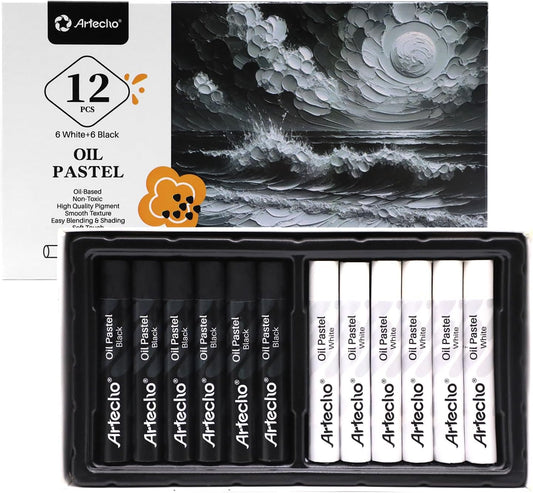 Artecho Oil Pastels Set of 12 PCS, 6 White and 6 Black, Crayons for Art Painting, Drawing, Blending (10 x 70 mm)