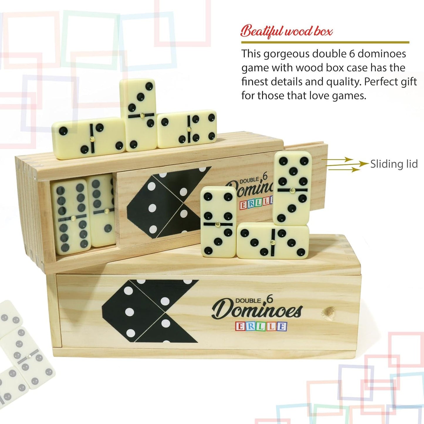 ERLLE - Dominoes Set, Premium Classic 28-Piece Double Six Domino Set with Wooden Case, Family & Kids Board Game, Mexican Train, Chicken Foot, and Classic Domino Games