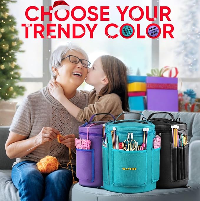 CRAFTISS Crochet Storage Bag - Christmas Gift - Best Durable Canvas Yarn Storage for Crochet Accessories - Yarn Organizer Knitting Bag with Knitting Accessories Case (Black)