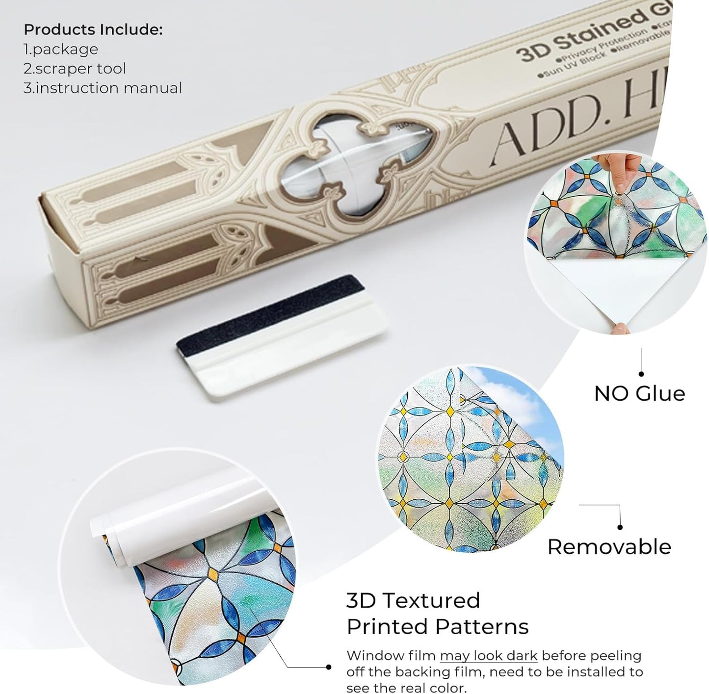 3D Stained Glass Window Film, Decorative Window Privacy Film for Bathroom,Front Door,Home, Sun Blocking Heat Control,Static Cling, Blue Tears 23.6inch x 35.4inch