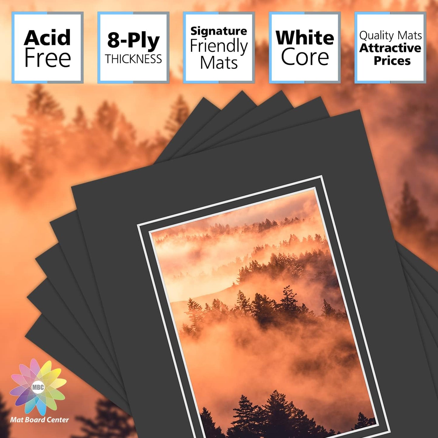 Mat Board Center, Double Mat - Acid Free, 8-ply Thickness, White Core - for Pictures, Photos, Framing (Black Over Black, 8x10 for 5x7, Pack of 5)