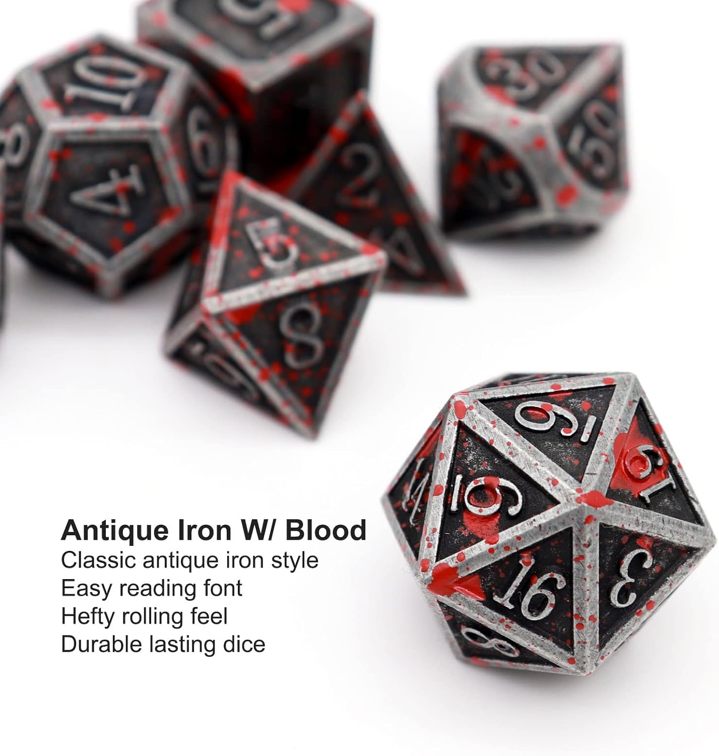 Haxtec Bloodstained Metal DND Dice Set Blood Polyhedral D&D Dice Compatible with Dungeons and Dragons Gift TTRPG Antique Metal Halloween Dice