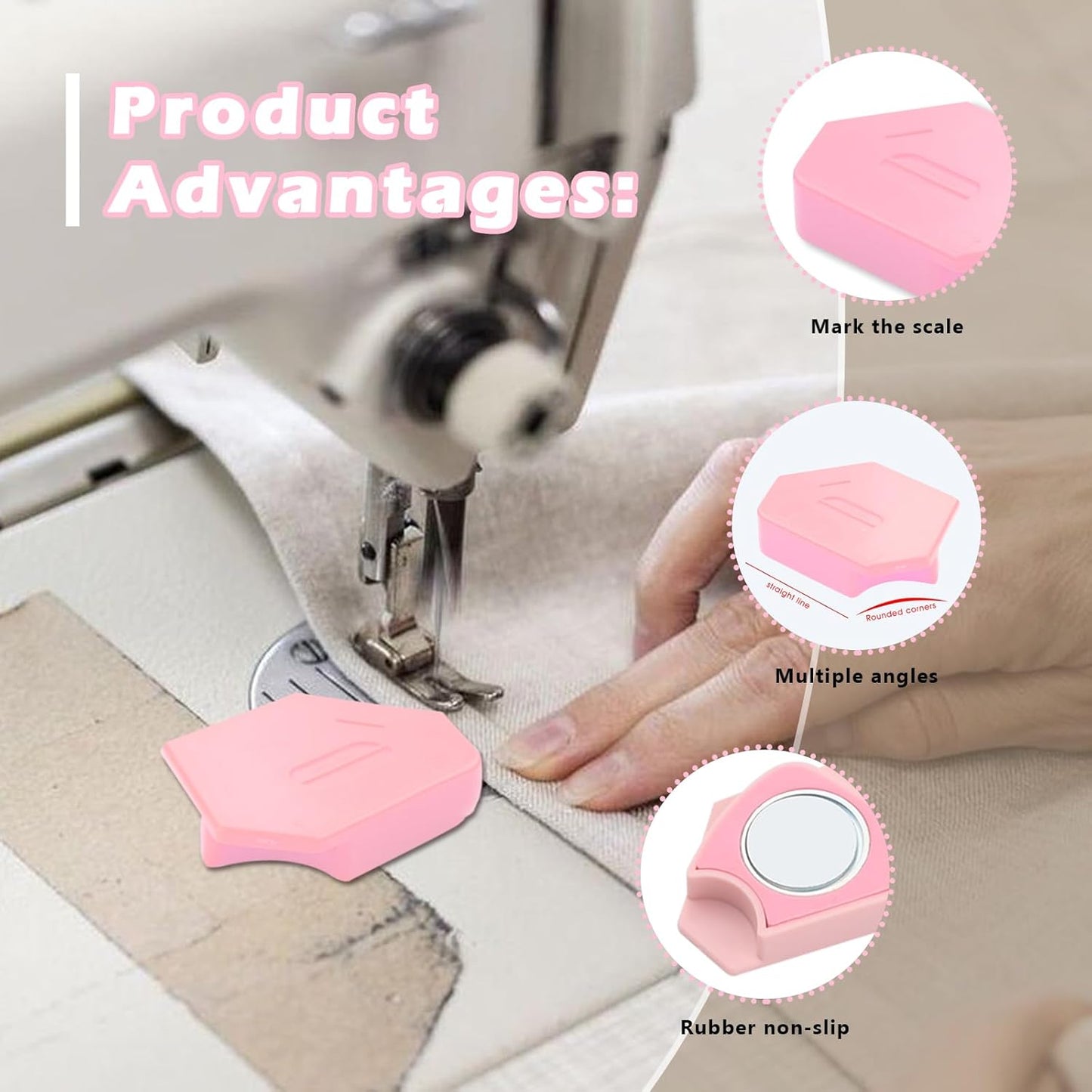 Pcmursal 4 Pieces Magnetic Seam Guide for Sewing Machine, Upgraded Multi-Purpose Tool Polygonal Magnetic Seam Guide with Scale, Sewing Supplies and Accessories (Pink)