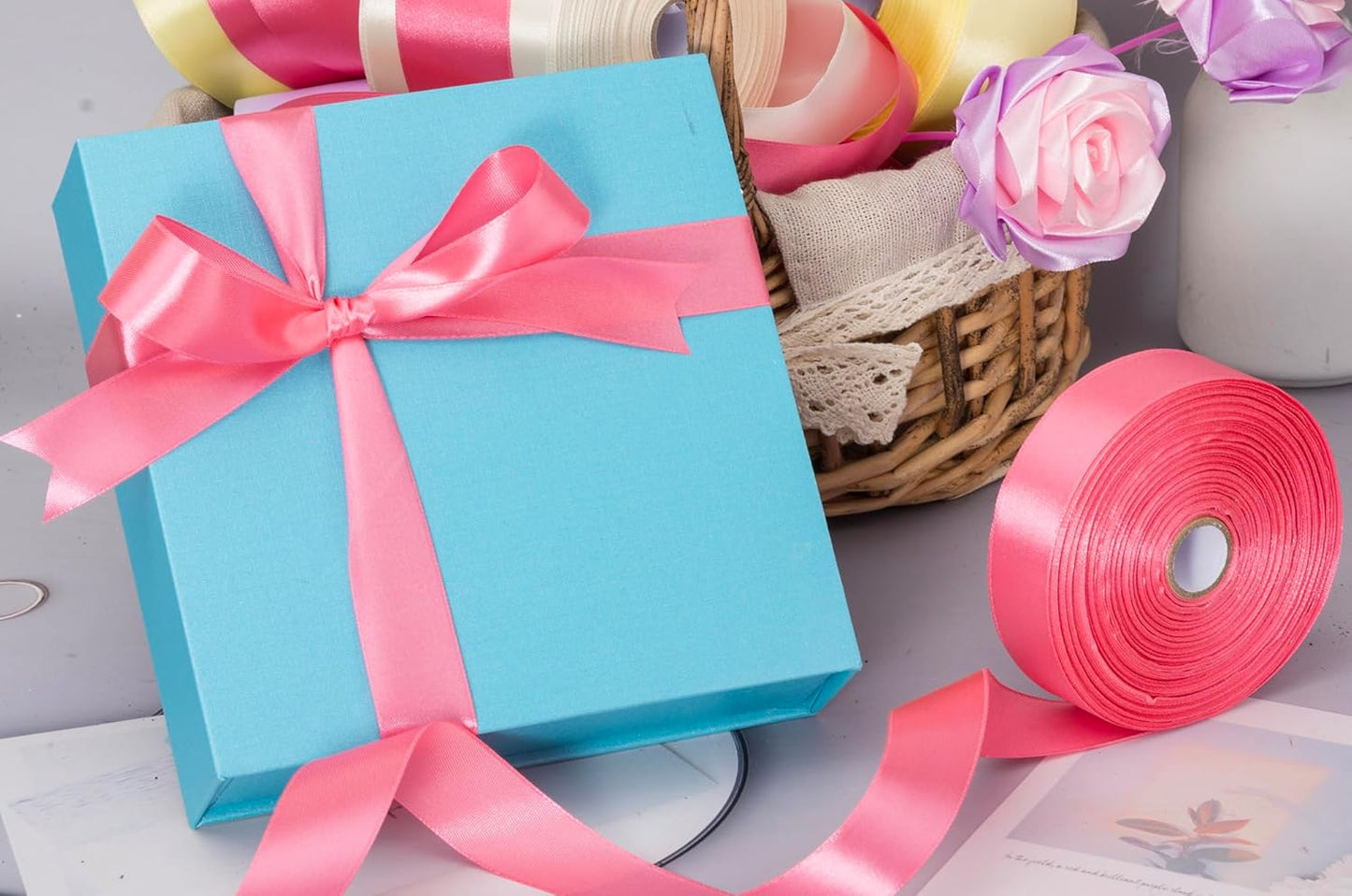 1 Inch Brink Pink Solid Satin Ribbon, 50 Yards Craft Fabric Ribbon for Gift Wrapping Floral Bouquets Wedding Party Decoration