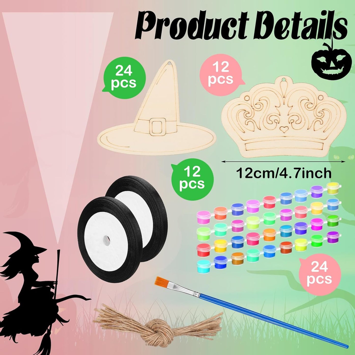 24 Set Paint Your Own Witch Princess Party Favors Pink and Green Party Supplies Witch Hats Princess Crowns DIY Wood Painting Craft Kit Color Your Own Arts Crafts Kit for Birthday Gift
