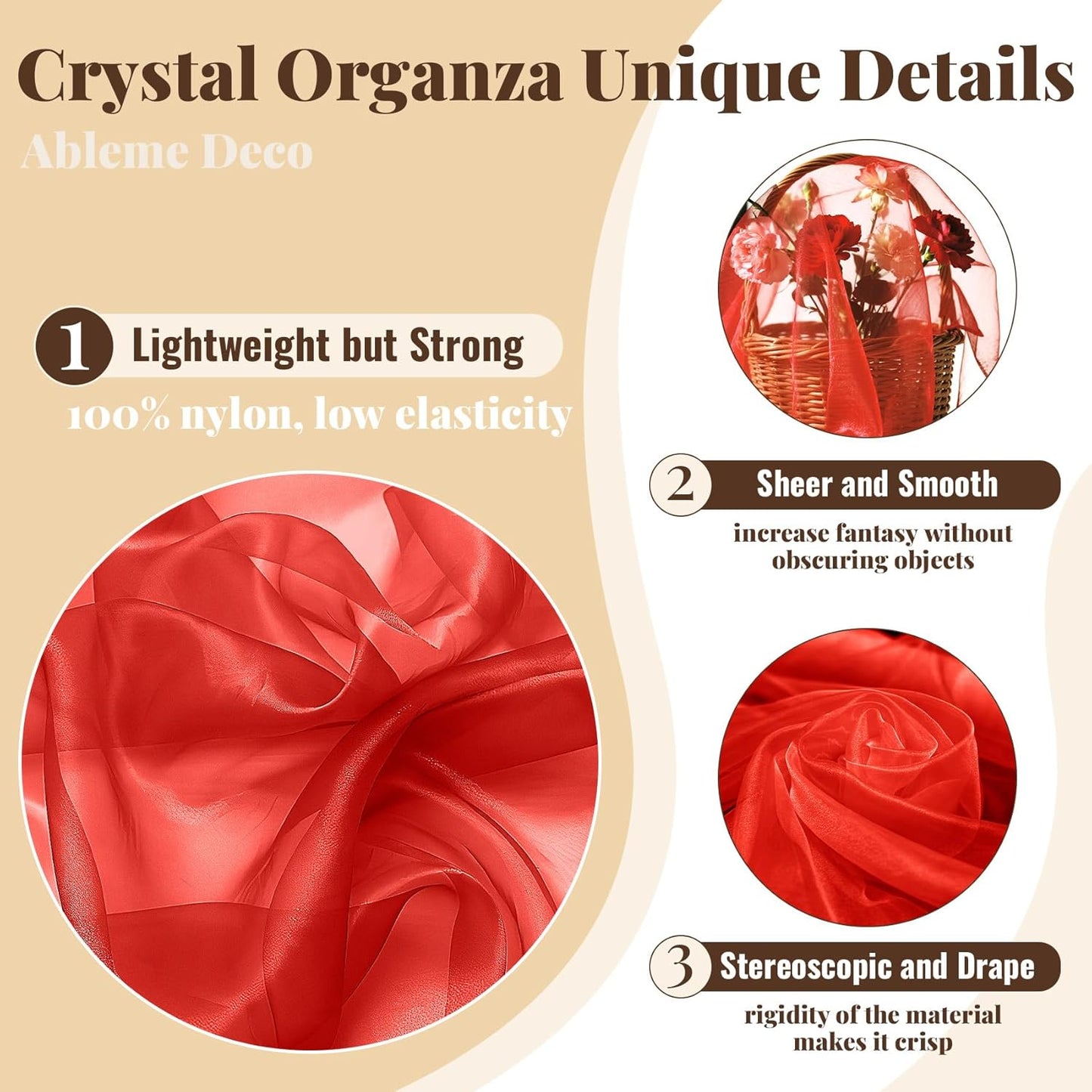 Organza Fabric by The Yard, 60 Inch Wide 3 Yards (9 ft) Long Sheer Fabric for DIY Sewing Projects Wedding Decorations Party Backdrops Curtains (Red)