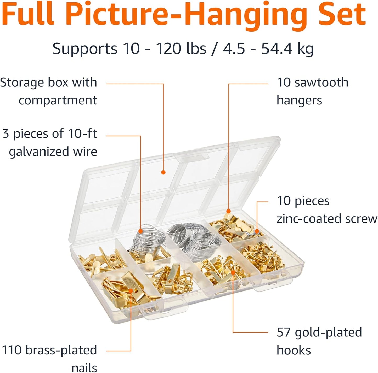 Amazon Basics Picture Hanging Hardware Assortment Kit, 220 Piece Set, Brass