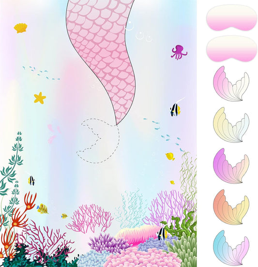 ASTARON Pin The Tail on The Mermaid Game for Birthday Party, Mermaid Party Game with 24 pcs Tail Stickers Birthday Party Supplies for Wall Home Room Decorations