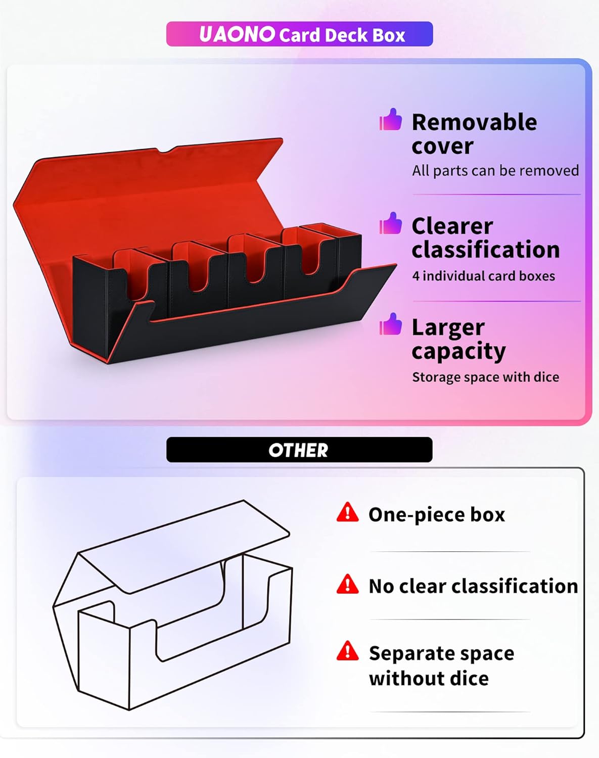 Card Deck Box with Dice Tray for MTG, 5 in 1 Card Deck Case Holds 800+ Unsleeved Cards, Strong Magnet Organizer Compatible with Yugioh TCG Sports Cards (Black Red)