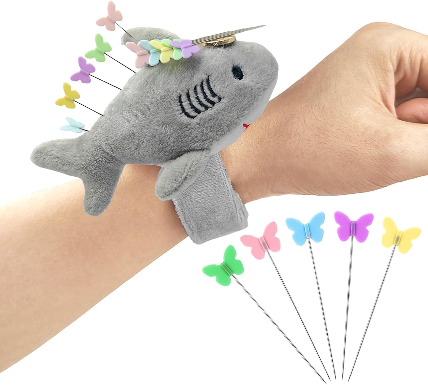 Cute Sharks Wrist Pin Cushion for Sewing with Magnetic, Snap Bracelet Wrist Bands for Pins and Needles Include 50 Lovely Butterfly Straight Pins.