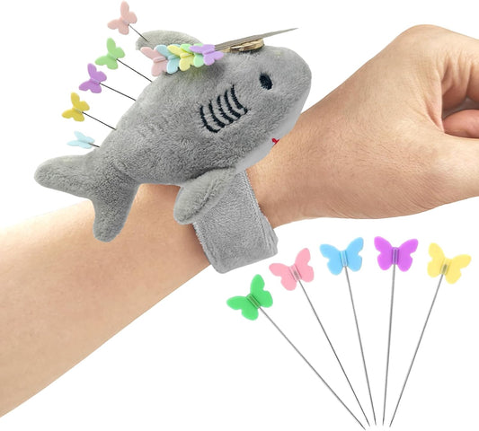 Cute Sharks Wrist Pin Cushion for Sewing with Magnetic, Snap Bracelet Wrist Bands for Pins and Needles Include 50 Lovely Butterfly Straight Pins.