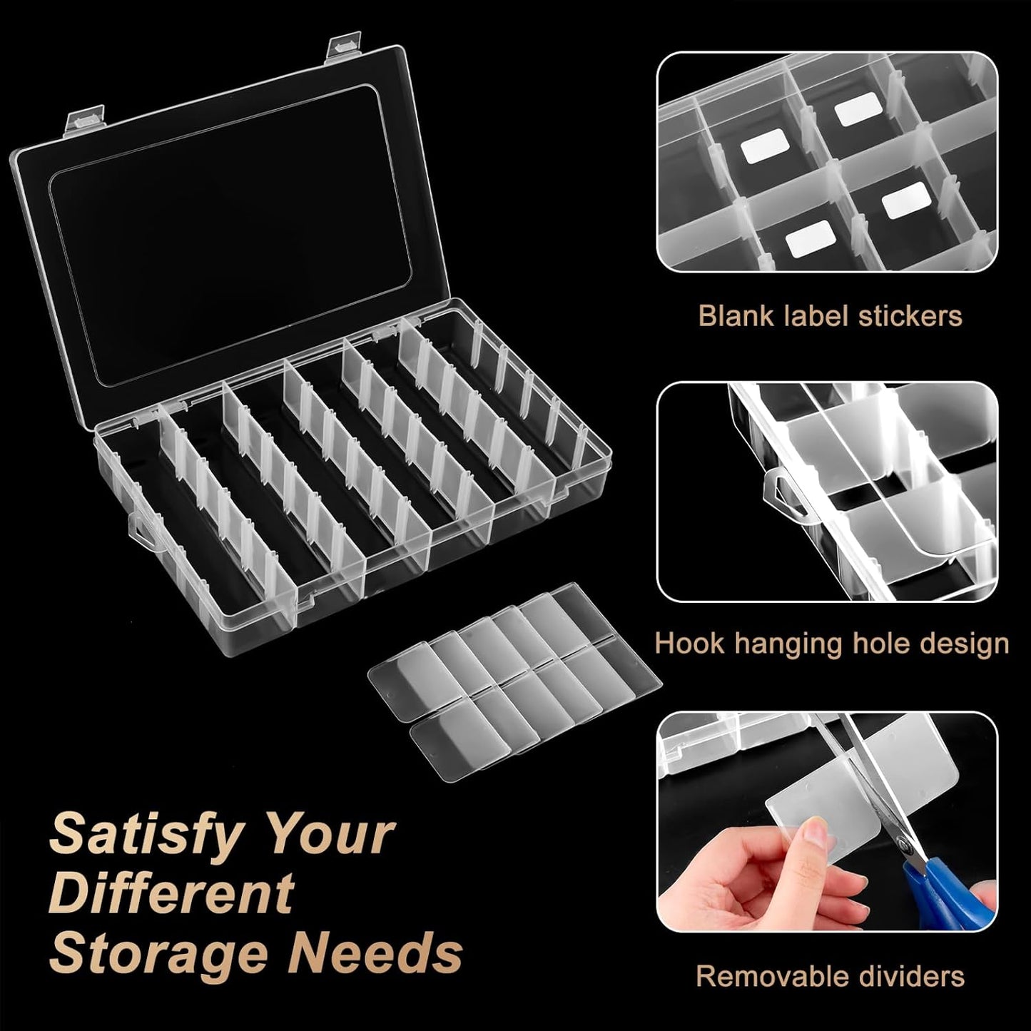 18 Grids Large Plastic Organizer Box with Adjustable Dividers, Clear Compartment Storage Container Tackle Box with Label Stickers for Beads, Crafts, Jewelries, Tools