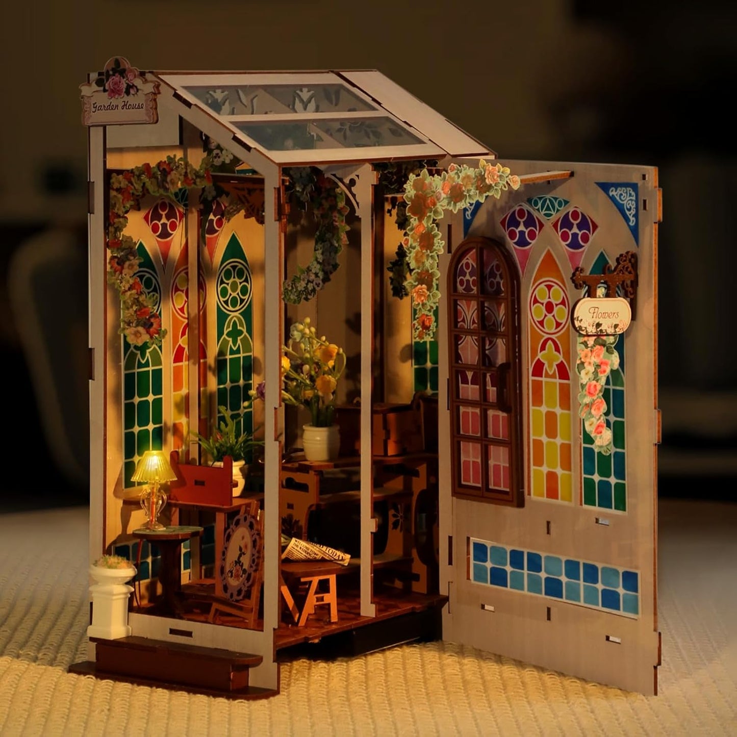 Book Nook Kits for Adults, Miniature House 3D Puzzle Kit for Teens, DIY Crafts for Adults, Bookshelf Decor Garden House with LED Light, Gifts for Family and Friends