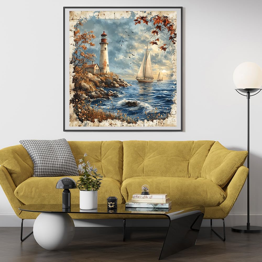 Moohue 14ct Counted Cross Stitch Kits for Adults Seaside Tower Boat Printed Stamped Cross Stitch Patterns Kits Cross Stitch Supplies (Seaside Tower Boat)