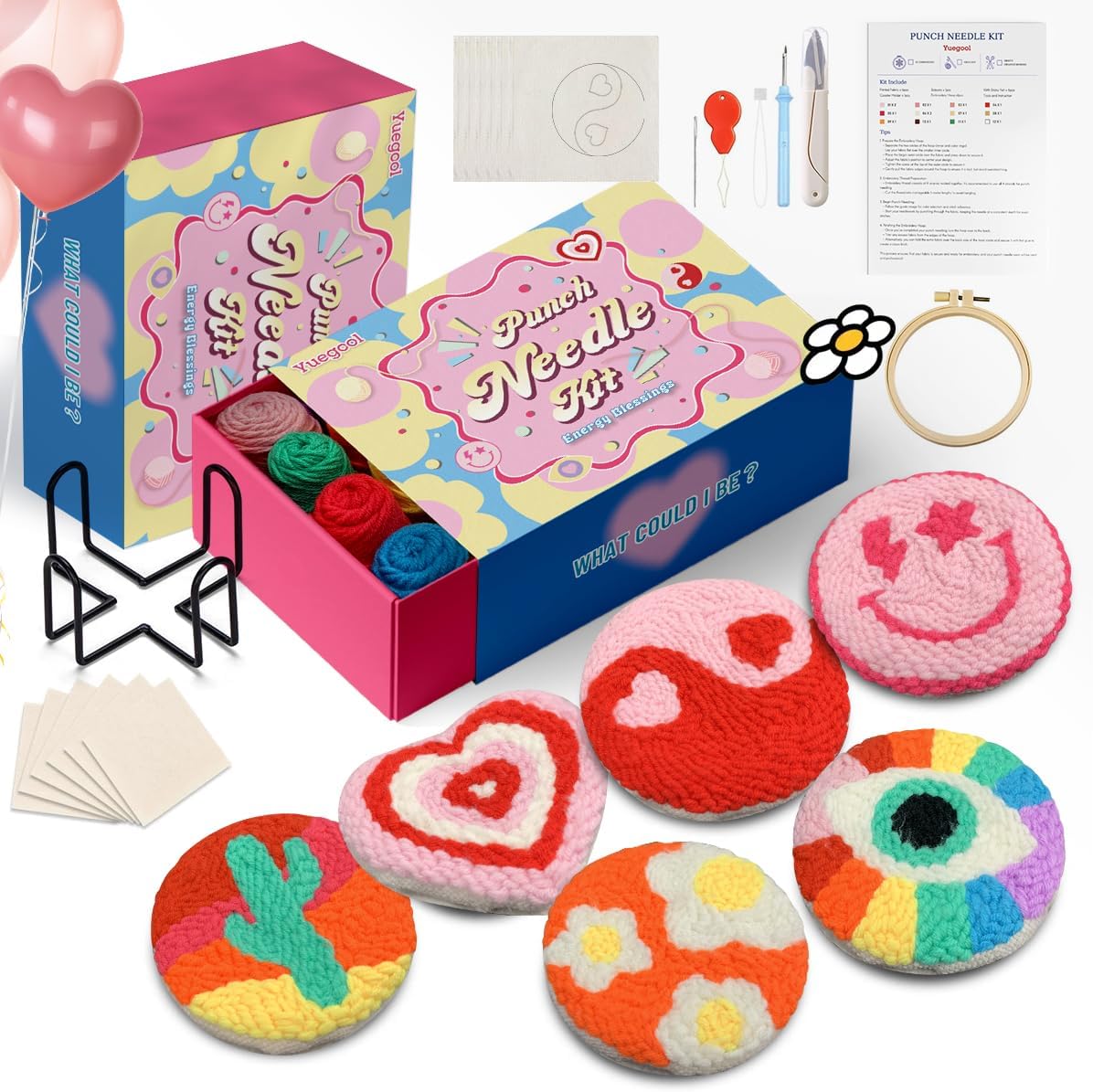 yuegool 6PCS Energy Punch Needle Coasters Kit,Easy DIY Punch Needle Embroidery Kit for Beginners Adults Kids Including Patterns, Tools, Yarns, Hoop, Instruction, Coaster Holder Art Craft Supplies