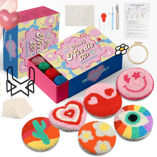 yuegool 6PCS Energy Punch Needle Coasters Kit,Easy DIY Punch Needle Embroidery Kit for Beginners Adults Kids Including Patterns, Tools, Yarns, Hoop, Instruction, Coaster Holder Art Craft Supplies