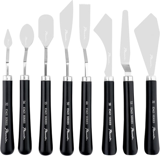 PHOENIX High Flexible Palette Knife Set, 8 Pieces Stainless Steel Painting Knives (32,54,55,50,44,56,53,51) Art Knife with Wood Handle, Paint Spatula for Oil Acrylic Paint