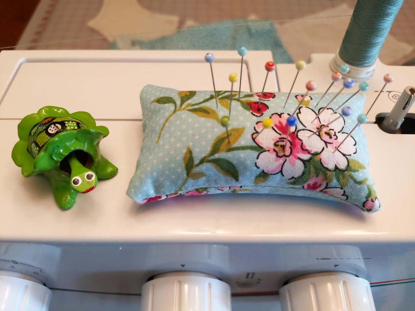 Emery Pin Cushion for Sewing - Pincushion Filled with Abrasive Emery Sand - Handmade in USA - Cute Flowers on White Polka dot Aqua Blue Pastel Color Background (2"x3", Aqua Blue Retro Floral)