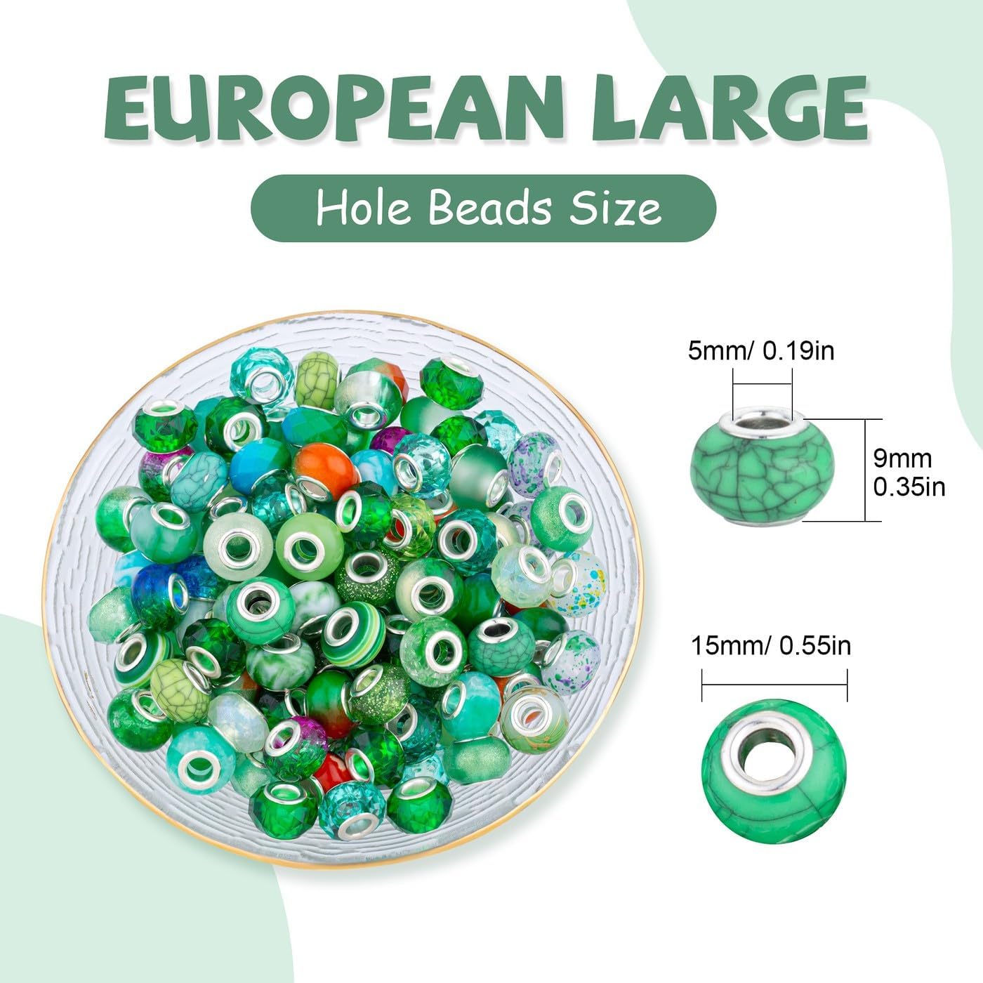 LAIDANLA Green Mix Large Hole Beads, 100pcs 15mm x 5mm Round Resin, Plastic, Acrylic Loose Beads for Jewelry Making, Bracelet, Necklace, Earrings, Keychain, DIY Gifts