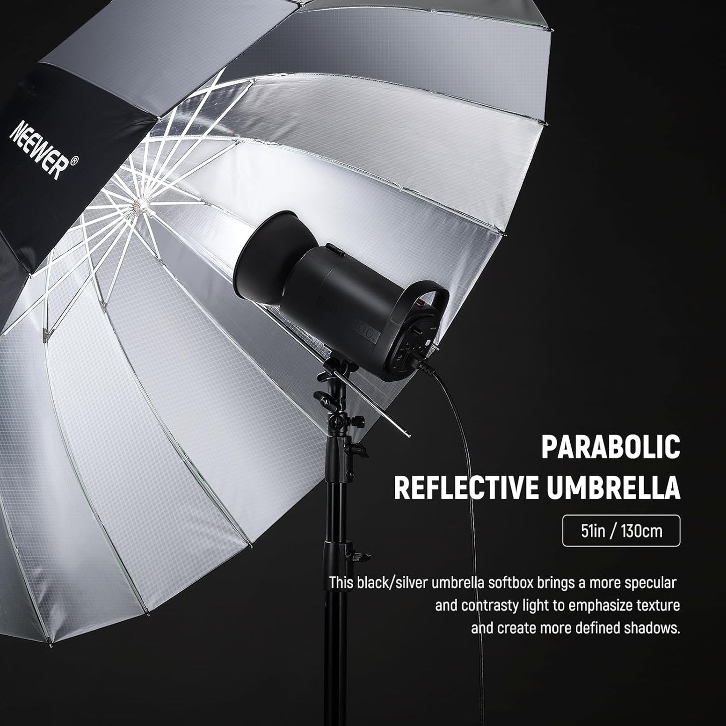 NEEWER 51"/130cm Parabolic Reflective Umbrella Photography with Silver Inner, Soft Lighting with Diffuser Cover, Bag, Quick Fold for Camera Photo Studio Video Light Shooting Monolight Flash, NS2U